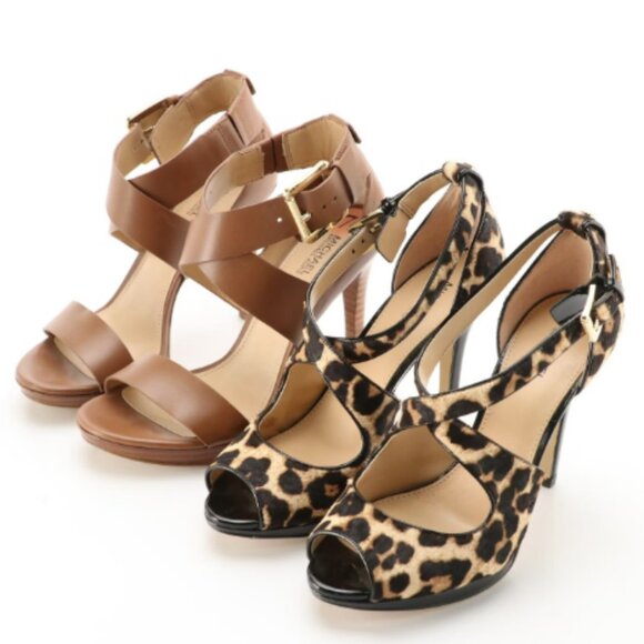 Michael Kors Leopard Print Calf Hair Peep-Toe Pumps & Brown Leather Heels - Picture 1 of 9